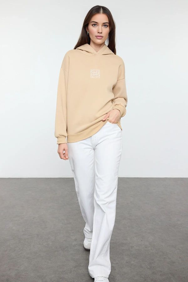 Trendyol Trendyol Beige Oversize/Wide Pattern Embroidered Thick Polar Fleece Knitted Sweatshirt