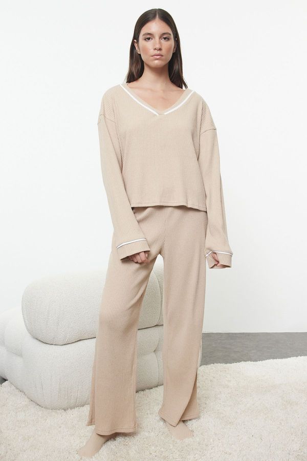 Trendyol Trendyol Beige Piping Detailed Ribbed Knitted Pajama Set