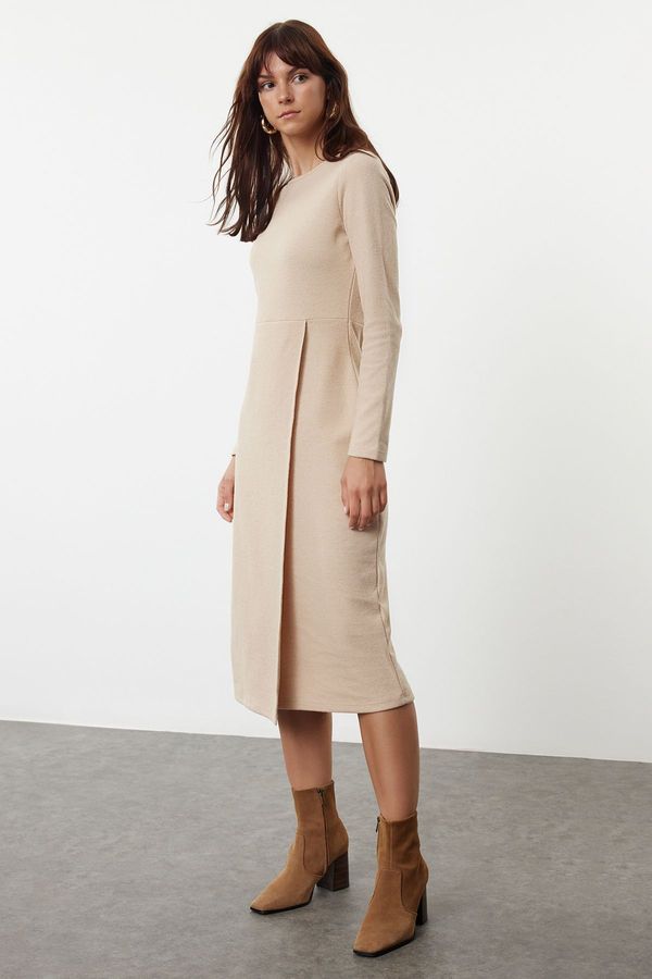 Trendyol Trendyol Beige Plain Thessaloniki Wrap Midi Flexible Knitted Dress