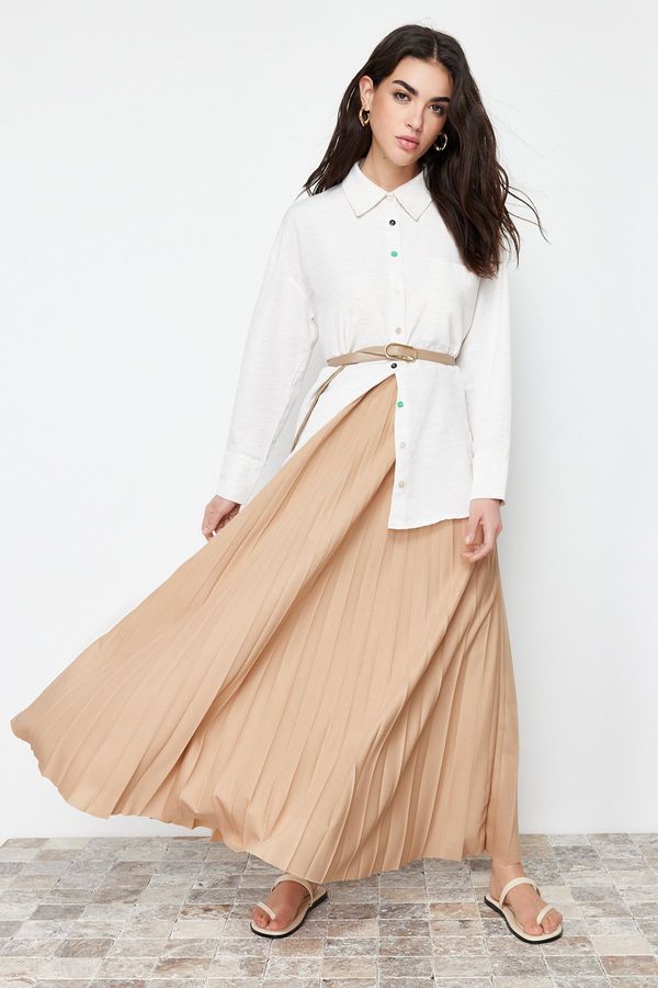 Trendyol Trendyol Beige Pleated Knitted Long Skirt