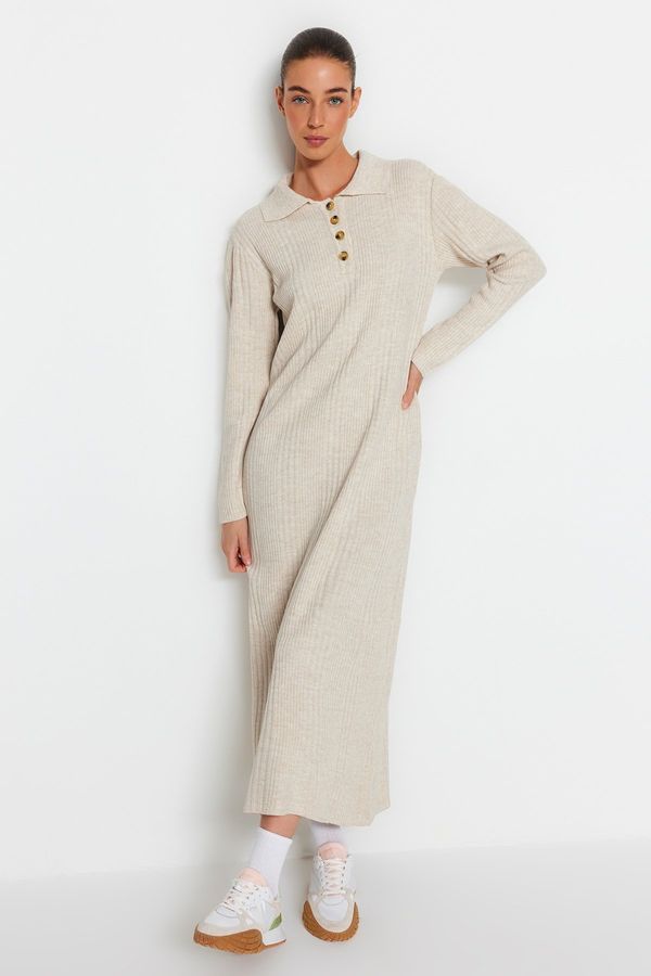 Trendyol Trendyol Beige Polo Collar Buttoned Relaxed Fit Rib Knit Dress