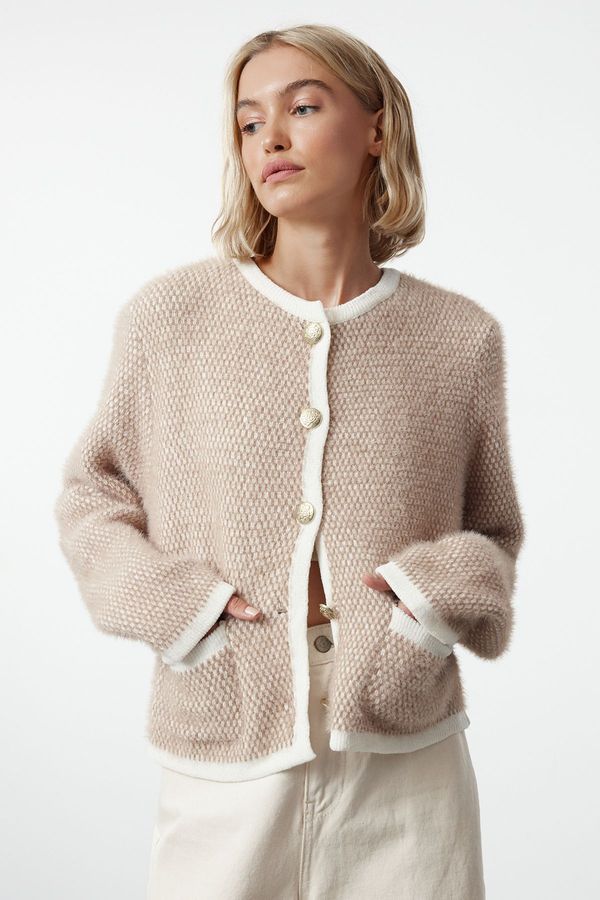 Trendyol Trendyol Beige Premium Yarn/Special Yarn Soft Textured Chenille Jacket Look Knitwear Cardigan