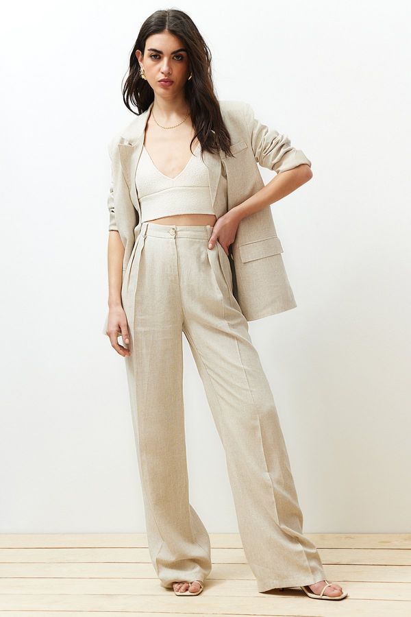 Trendyol Trendyol Beige Ribbed Wide Leg Cotton Linen Woven Trousers