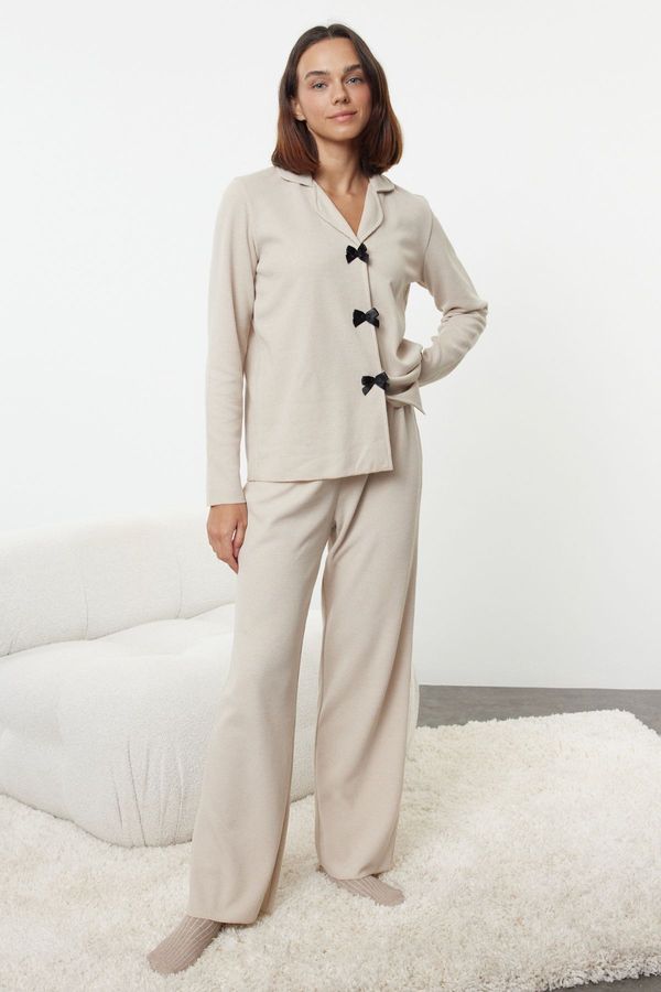 Trendyol Trendyol Beige Ribbon/Bow Waffle Fabric Knitted Pajama Set