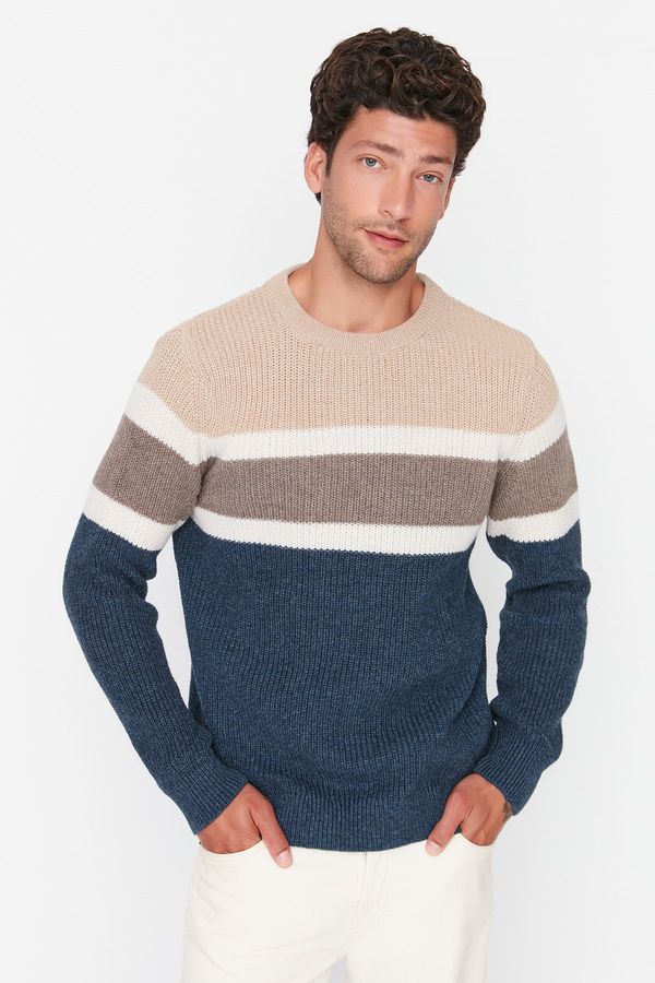 Trendyol Trendyol Beige Slim Fit Crew Neck Paneled Knitwear Sweater