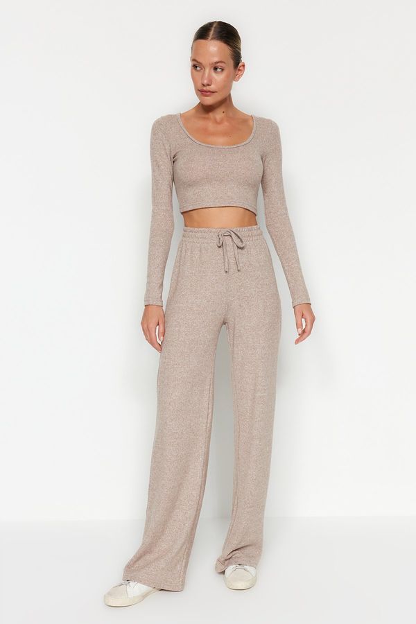 Trendyol Trendyol Beige Soft Crop and Wide Leg Knitted Top and Bottom Set