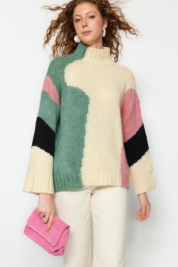 Trendyol Trendyol Beige Soft Textured Color Block Wide Fit Knitwear Sweater