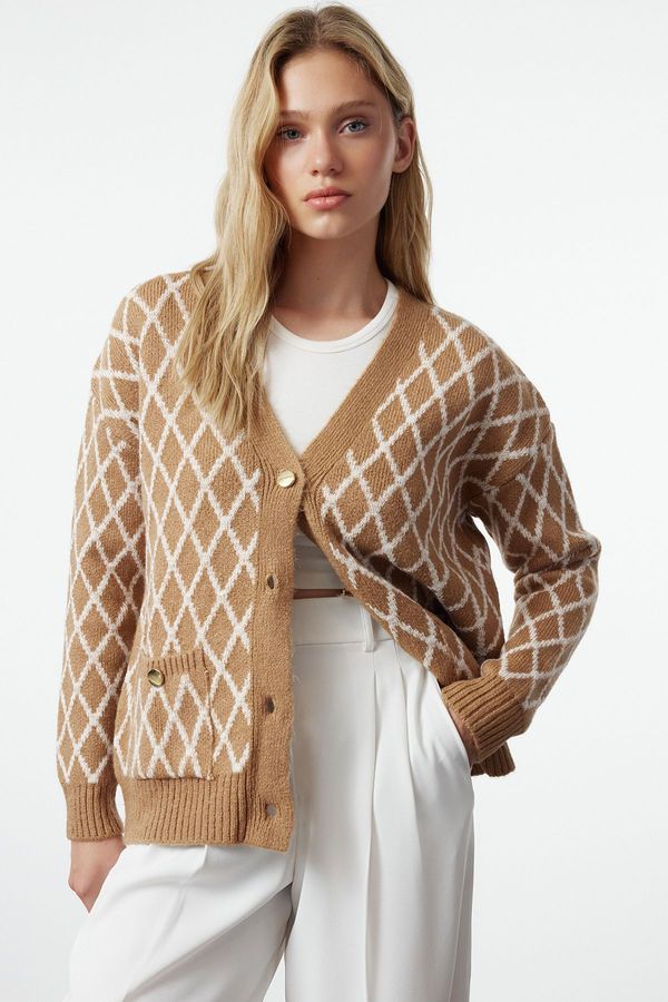 Trendyol Trendyol Beige Soft Textured Glittery Knitwear Cardigan