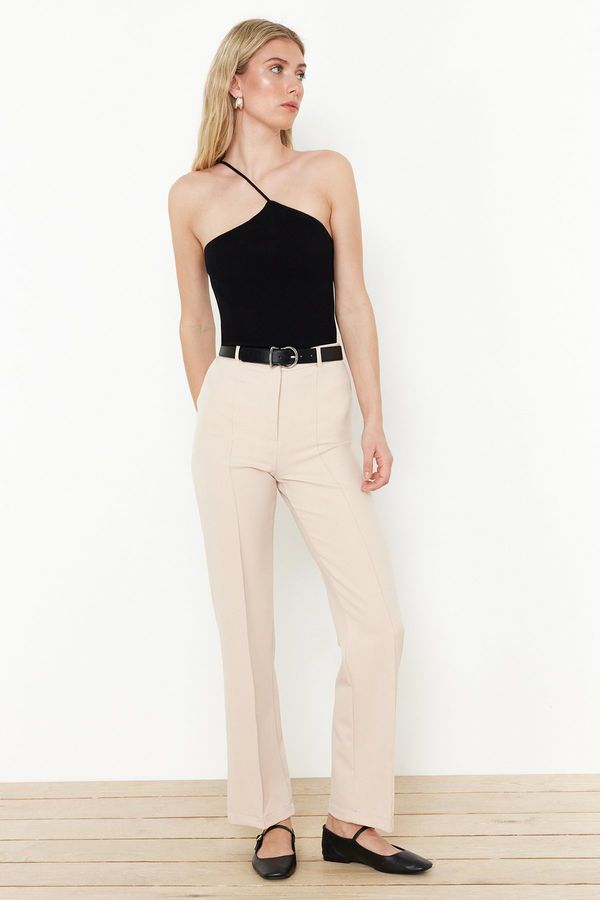 Trendyol Trendyol Beige Straight/Straight Fit High Waist Ribbed Stitched Woven Trousers