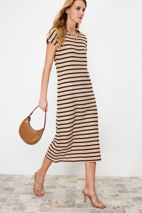 Trendyol Trendyol Beige Striped Knitwear Look Polo Neck Maxi Knitted Maxi Dress