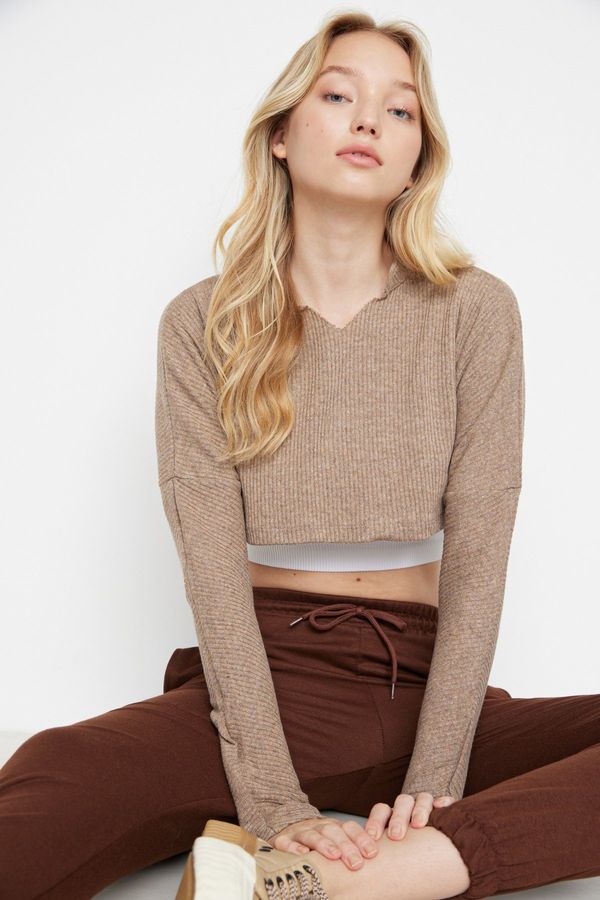 Trendyol Trendyol Beige Super Crop Long Sleeve Knitted Look Knitted Blouse