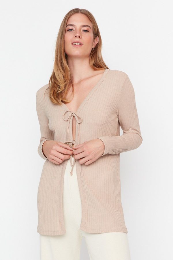 Trendyol Trendyol Beige Tie Front Corduroy Knitted Cardigan