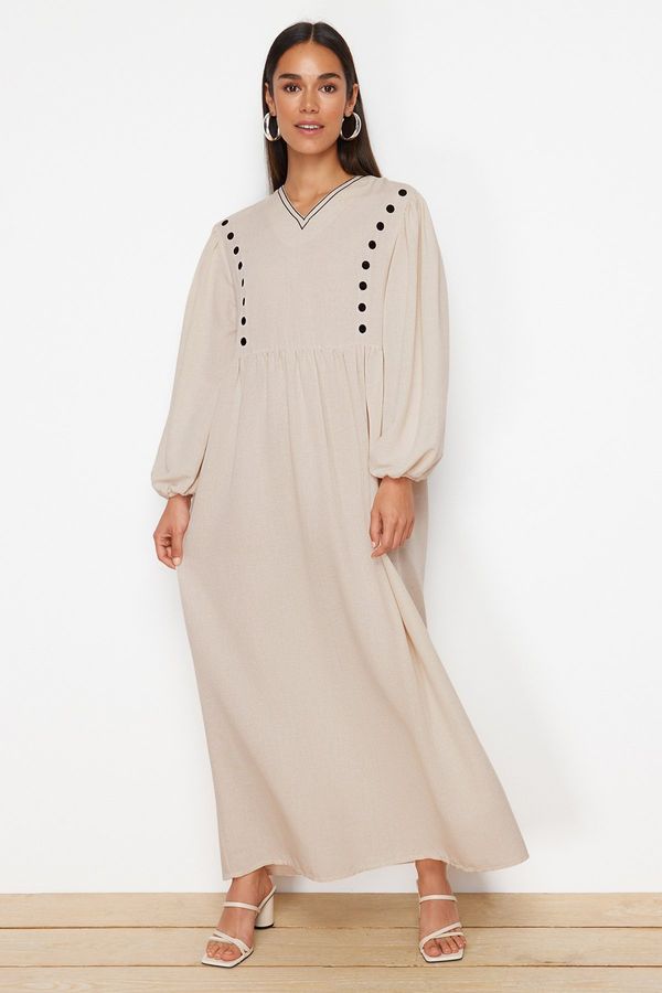 Trendyol Trendyol Beige V-Neck Detailed Woven Linen Look Dress