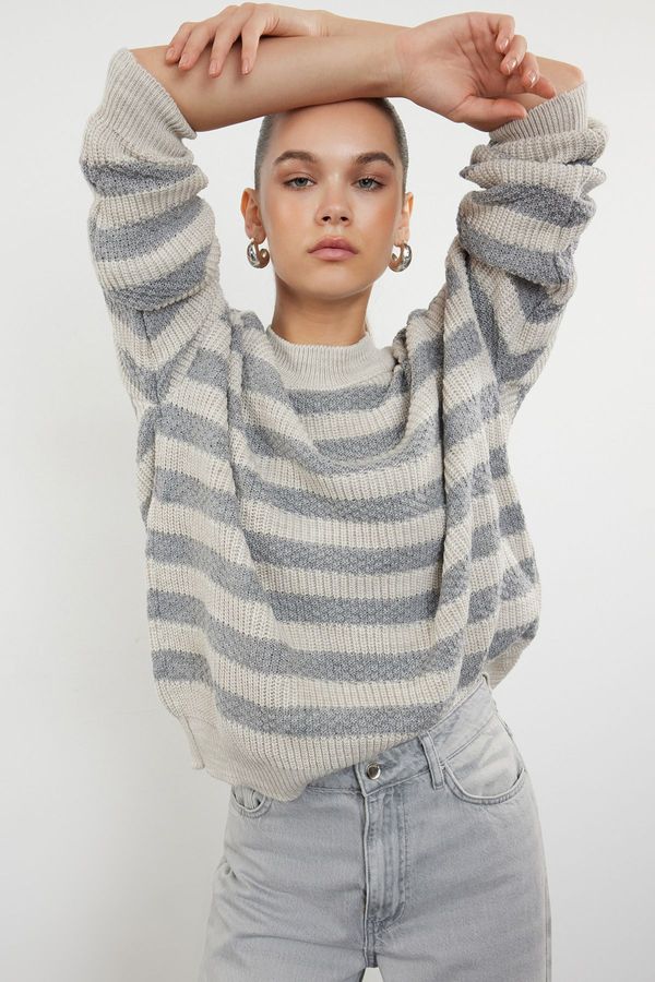 Trendyol Trendyol Beige Wide Cut Striped Knitted Sweater