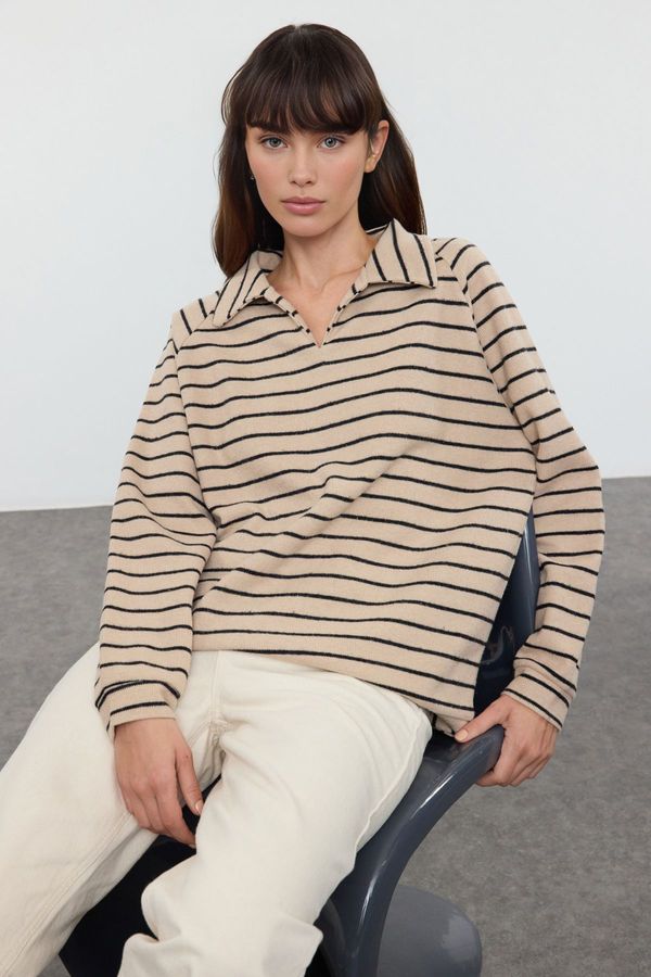 Trendyol Trendyol Beige*001 Striped Oversize/Wide Pattern Thessaloniki Polo Collar Knitted Sweatshirt