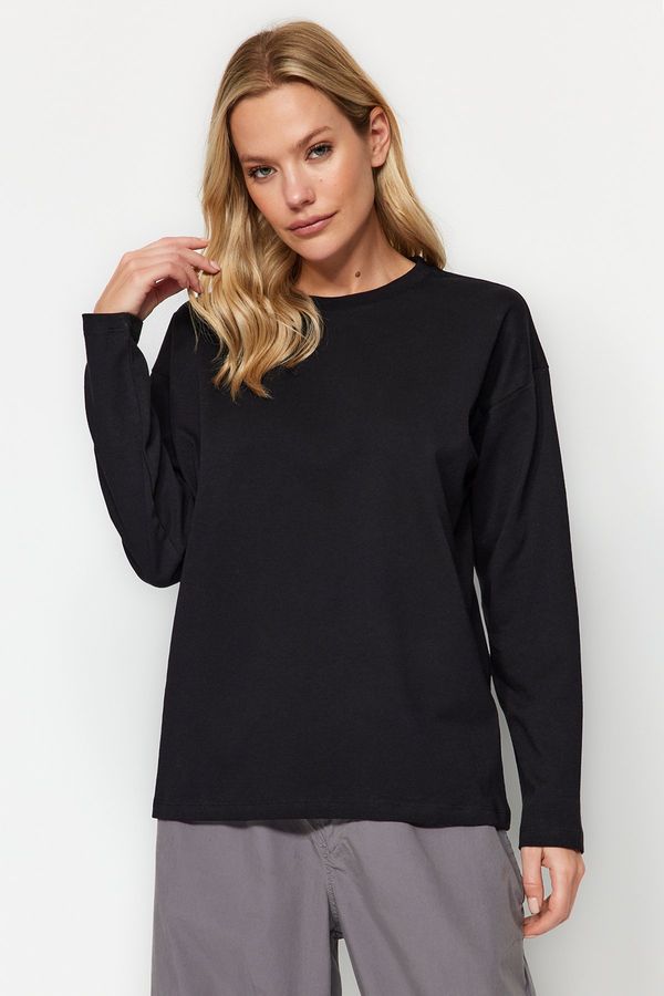 Trendyol Trendyol Black 100% Cotton Basic Crew Neck Long Sleeve Regular Fit Knitted T-Shirt