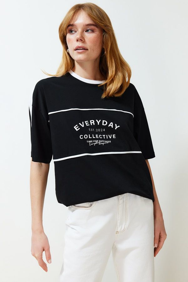 Trendyol Trendyol Black 100% Cotton Color Block Slogan Oversize/Wide Fit Knitted T-Shirt