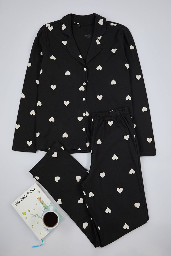 Trendyol Trendyol Black 100% Cotton Heart Patterned Shirt-Pants Knitted Pajama Set