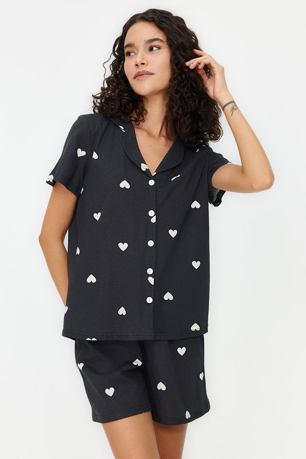 Trendyol Trendyol Black 100% Cotton Heart Patterned Shirt-Shorts Knitted Pajama Set