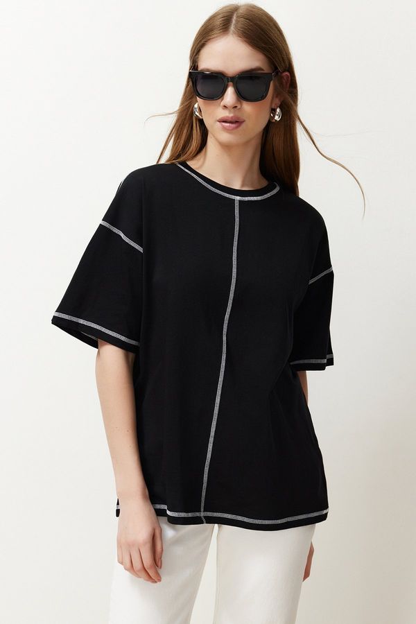 Trendyol Trendyol Black 100% Cotton Karkoya Stitch Detail Oversize/Wide-Fit Knitted T-Shirt