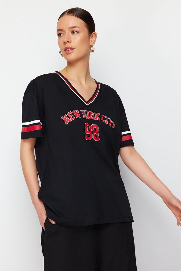 Trendyol Trendyol Black 100% Cotton Knitwear Strip Detail Slogan Printed Oversize/Large Knitted T-Shirt