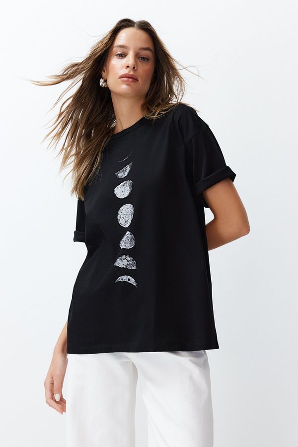 Trendyol Trendyol Black 100% Cotton Planet Print Oversize/Wide Knit T-Shirt