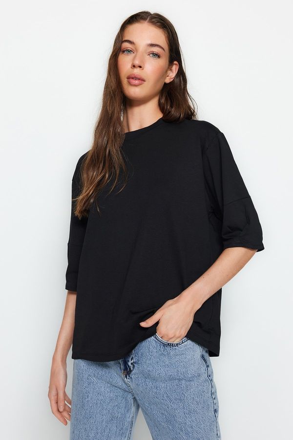 Trendyol Trendyol Black 100% Cotton Premium Oversize/Wide Fit All-in-One Square Arms Knitted T-Shirt