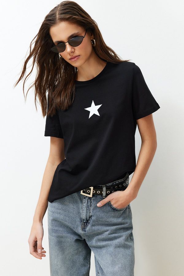 Trendyol Trendyol Black 100% Cotton Star Printed Regular/Regular Fit Crew Neck Knitted T-Shirt