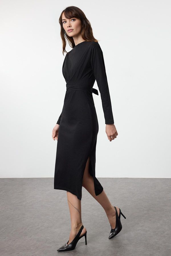 Trendyol Trendyol Black 100% Cotton Tie Detailed Bodycon Midi Knit Dress