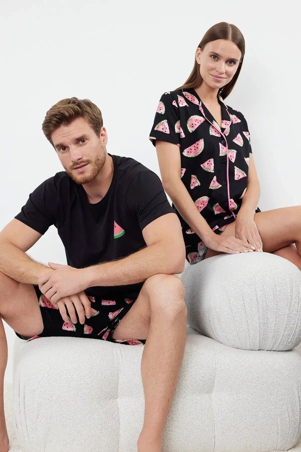 Trendyol Trendyol Black 100% Cotton Watermelon Patterned Ruffle Shirt-Shorts Knitted Pajama Set