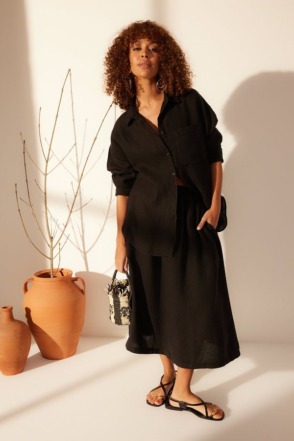 Trendyol Trendyol Black 100% Linen Elastic Waist Midi Skirt