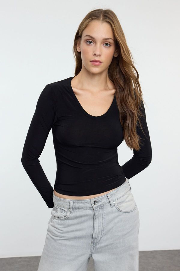 Trendyol Trendyol Black 2 Pack Crew and V Neck Fitted Flexible Knitted Blouse