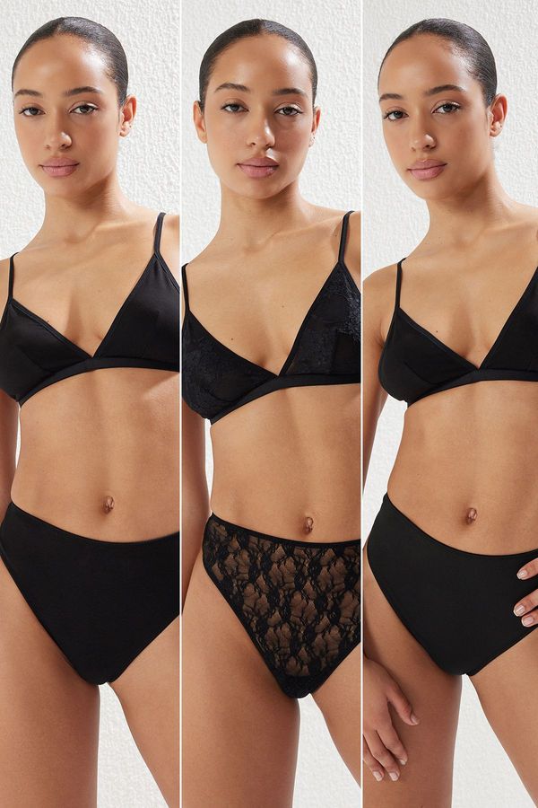 Trendyol Trendyol Black 3-Pack Lace, Cotton and Micro Fabric Thong Knitted Panties