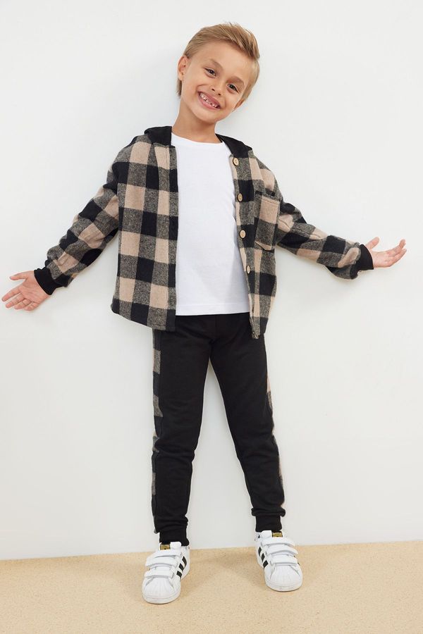 Trendyol Trendyol Black 3-Piece Boy Plaid T-shirt Pants Shirt Set Cotton Knitted Bottom-Top Set