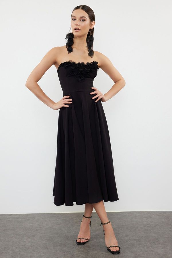 Trendyol Trendyol Black A-Cut Floral Appliqued Woven Elegant Evening Dress