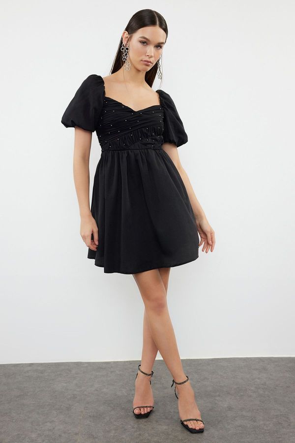 Trendyol Trendyol Black A-Cut Pearl Detailed Woven Short Elegant Evening Dress