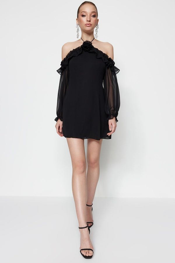 Trendyol Trendyol Black A-Line Lined Woven Chiffon Short Elegant Evening Dress