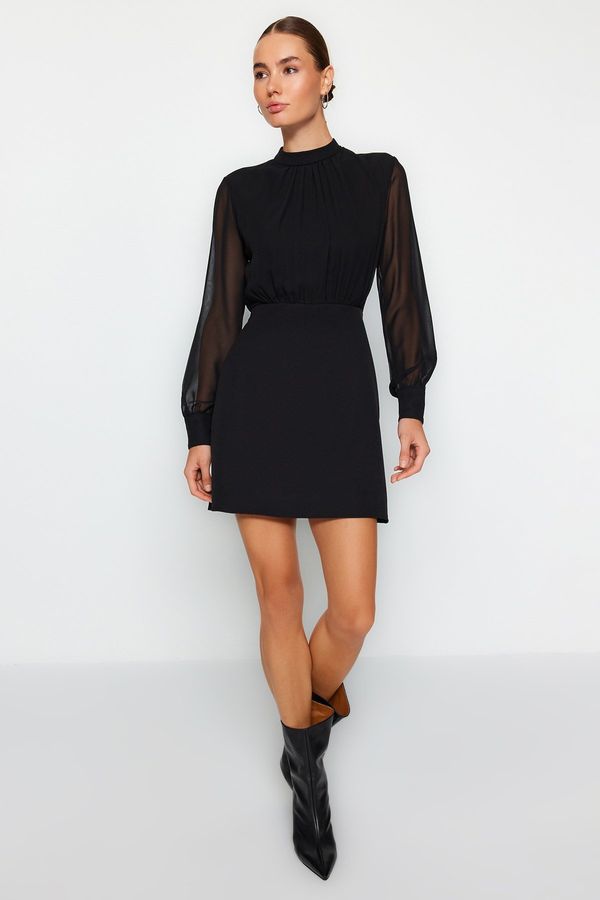 Trendyol Trendyol Black A-line Stand Collar Lined Chiffon Mini Woven Dress