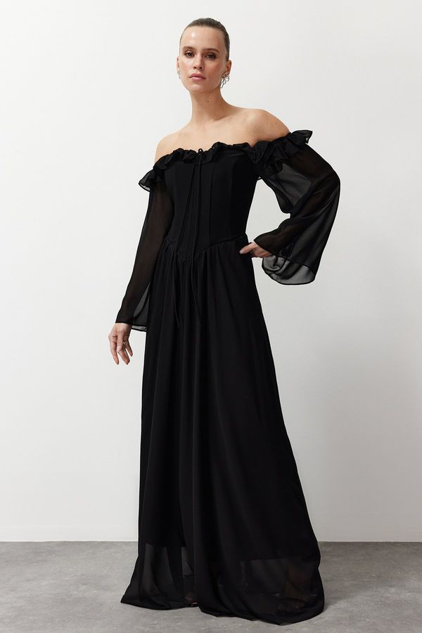 Trendyol Trendyol Black A-Line Woven Chiffon Long Evening Evening Dress