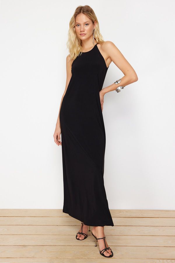 Trendyol Trendyol Black Abstract Barter Neck A-line/Bell Opening Stretchy Maxi Knitted Pencil Dress