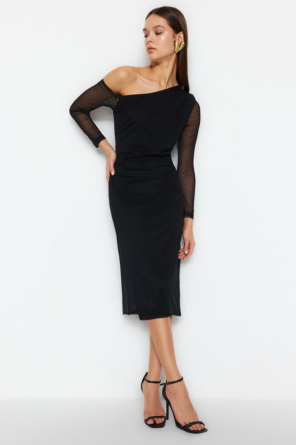 Trendyol Trendyol Black Abstract Lined Midi Lined Asymmetrical Neck Knit Dress