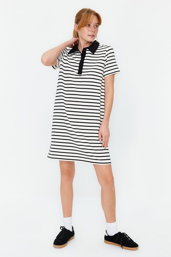 Trendyol Trendyol Black and White Striped Polo Neck A-Line/A-Line Form Knitted Mini Dress