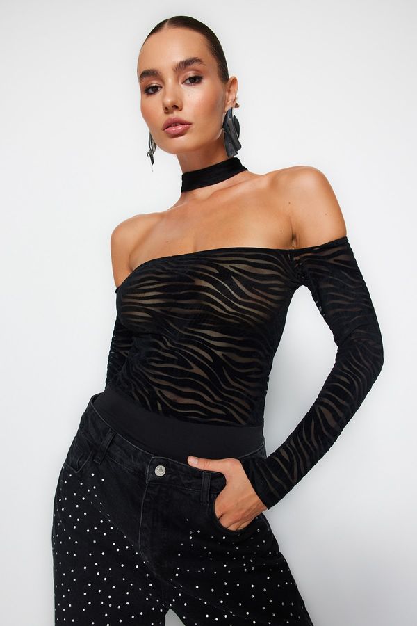 Trendyol Trendyol Black Animal Pattern Knitted Flock Printed Tulle Bodysuit