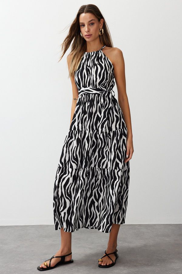 Trendyol Trendyol Black Animal Shift Halter Neck Maxi Lined Woven Dress