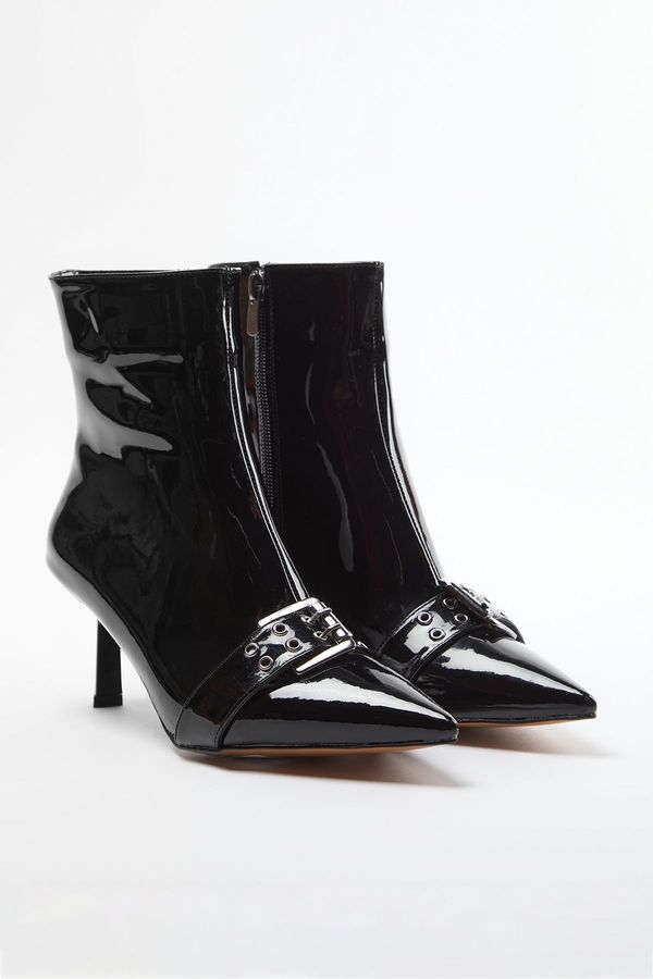 Trendyol Trendyol Black Antique Buckled Pointed Toe Patent Leather Women's Thin Heeled Boots