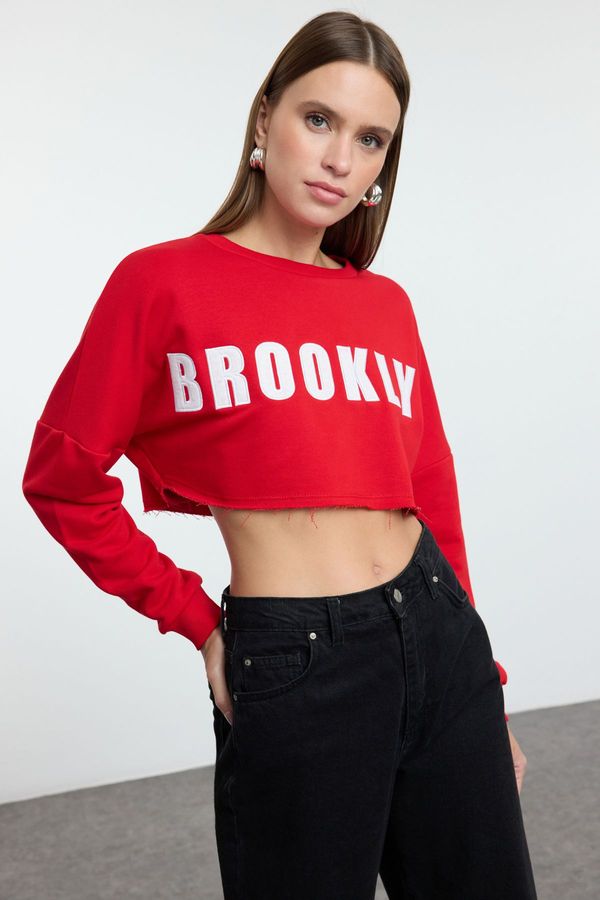 Trendyol Trendyol Black Applique Embroidered Relaxed Super Crop Chunky Knit Sweatshirt