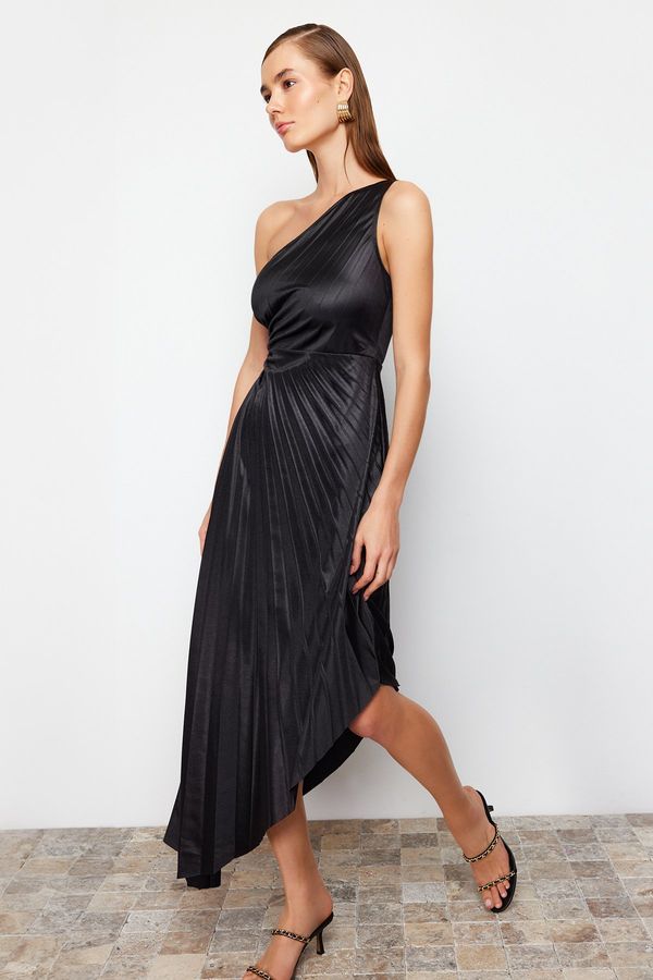 Trendyol Trendyol Black Asymmetric Knitted Pleat Detailed Satin Elegant Evening Dress