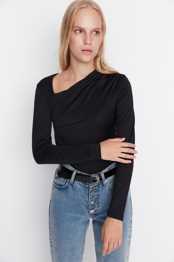 Trendyol Trendyol Black Asymmetrical Collar Knitted Body with Snap Button