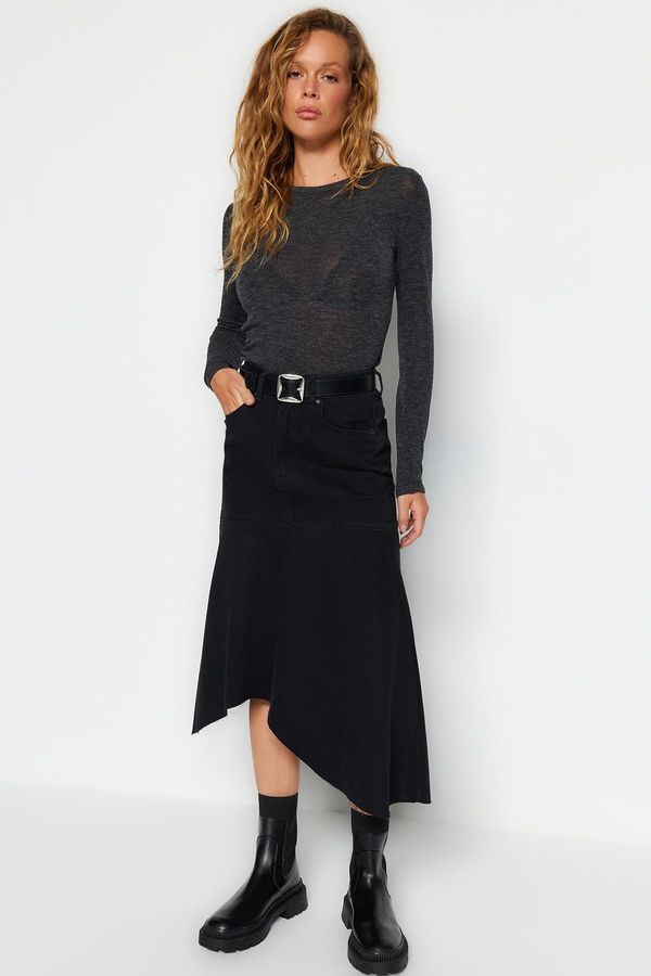 Trendyol Trendyol Black Asymmetrical High Waist Midi Denim Skirt