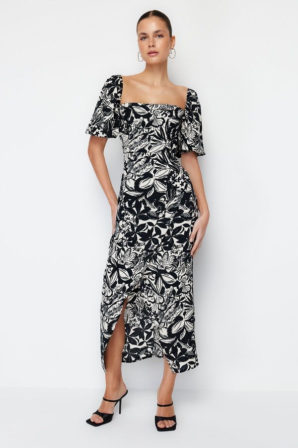 Trendyol Trendyol Black Balloon Sleeve Midi Floral Viscose Woven Dress